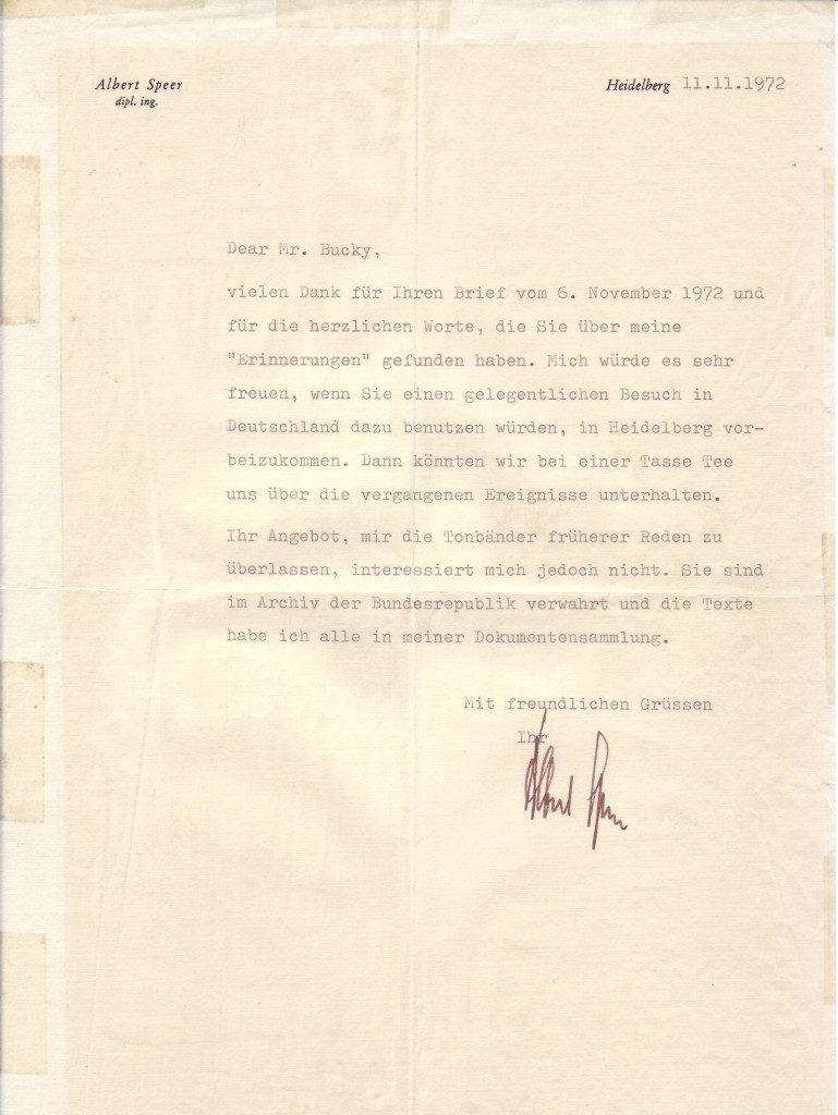 SPEER, ALBERT. Typed Letter Signed, in German, to former Berlin physician Peter A. Bucky (Dear Mr. Bucky), in German and English,